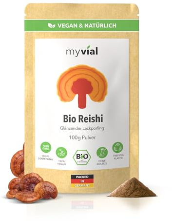 Bio Reishi Pulver 100g Ganoderma lucidum aus kontrolliert biologischem Anbau vegan 100 Prozent Fruchtkörper natürlich ohne Zusatzstoffe abgefüllt in Deutschland