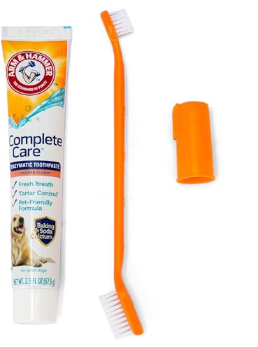 ARM & HAMMER Dog Dental Kit - Enzymatic Dog Toothpaste 2.5 oz Chicken Flavor - Dog Toothbrush & Finger Brush - Tartar & Gum Cleaning with Baking Soda Enhanced Formula - Complete Dental Care for Dogs