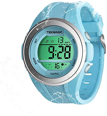 TEKMAGIC Garçons Filles Montre-Bracelet pour Nager, Plongée sous-Marine 100m sous-Marin avec Fonctions d'Chronomètre, Chronographe, Alarme, Double Fuseau Horaire, Format 12/24 Heures