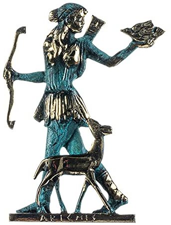 Artemis Diana Statue Griechische Göttin der Jagd mit Hirsch, massive Bronze, 20,3 cm