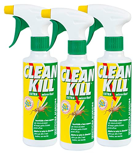 Clean Kill Insetticida Spray Ecologico Pronto all'Uso per Esterni e Interni Extra Micro-Fast contro Cimici Acari Blatte Tarli Zanzare Formiche Termiti Tafani Mosche Pulci Zecche - 3 Flaconi da 375ml