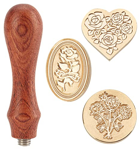 craspire Wachs-Siegel-Stempel-Set, Rosenmotiv, 3 Stück, Vintage-Siegelwachs-Stempel, Köpfe Und Holzgriff, Wachsstempel-Set Für Hochzeitseinladungen, Umschläge, Karten