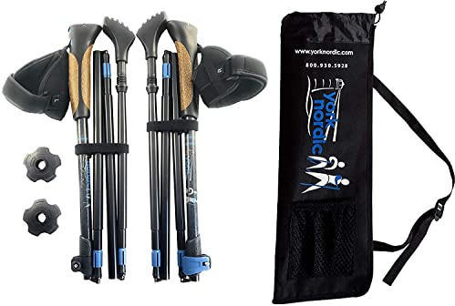 York Nordic Ultralight Folding Walking Poles - Travel Ready - with Rubber Feet, Baskets, and Bag (Above 5'7, Nordic Grips)