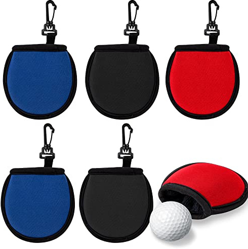 Newellsail Golfball-Waschtasche Tragbare Golfball-Reiniger Waschtasche Golfball-Reinigungsbeutel mit Clip für Golfwagen, Gürtel, Golftasche 6 Stück (Schwarz, Rot, Blau)