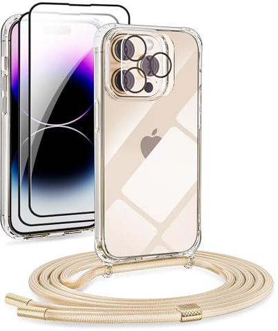 DiDaDi [5 in 1 Handykette Set für iPhone 12 Pro Max Hülle mit Band +Transparent Schutzhülle+Schutzfolie+kameraschutz Glas, Abnehmbar Necklace Stylische Handyhülle zum Umhängen Kordel Case (Gold)