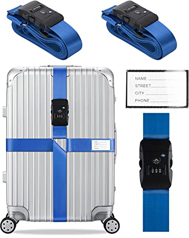 Veki Koffergurt mit TSA Schloss, Kofferband Auffällig, Blau, 2 Stück | Kreuz Kofferband Gurt mit Zahlenschloss, Kofferbänder mit Namensausweis für Samsonite Koffer/Rimowa, Koffergurte für Reisen