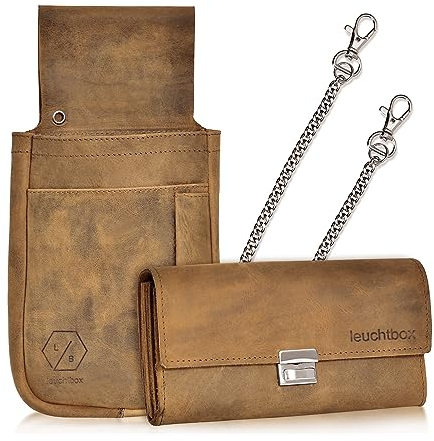 Leuchtbox Leder Profi-Kellner-Set Kellnerbörse Geldbörse Tasche Portemonnaie mit Gürtel-Halfter und Metall-Kette Hochwertiges Hunter Leder (Hellbraun)
