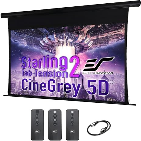 Elite Screens Starling Tab-Tension 2 CineGrey 5D, 106 Diag. 16:9, Ceiling and Ambient Light Rejecting Projection Screen, Electric Motorized Projector Screen Programmed Remote Kit, STT106U2HD5-E12