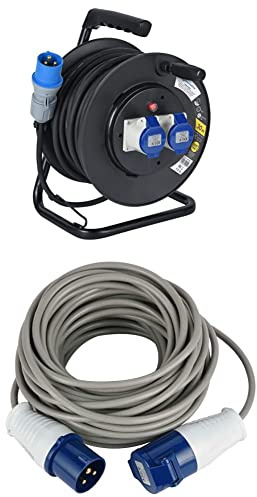 Electraline Prolunga in Gomma con Avvolgicavo 30 m, 2 Prese Industriali IEC & 46147 Prolunga 10 mt Presa Industriale IEC Spina a 3 Poli, Nero/Blu e Grigio