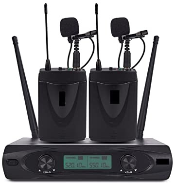 EYESLA Dual Channels Wireless Microphone 2 Bodypack Transmitter With Headset and Lavalier Lapel Mic for Church Speech