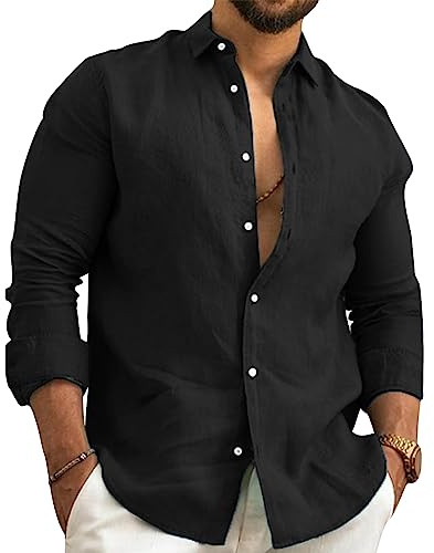 Nibesser Camisa Lino Manga Larga Elegante Hombre Slim Fit Casual Playa - Botones Transpirable Cuello Clásico Negro L