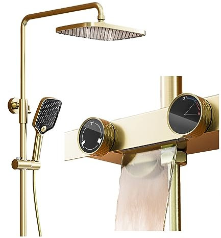 SWHC Colonne de Douche Thermostatique Dorée Brossé Ensemble Douche 3 Fonctions Système de Douche Mural Kit de Douche avec Mitigeur Baignoire Cascade, Pommeau de Douche, Tête de Douche