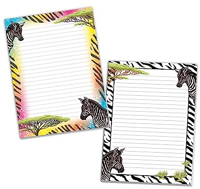 2 Motiv Schreibblöcke Briefpapier liniert für Mädchen Kinder Schule Safari Zebra (1 Block bunt und 1 Block zum Ausmalen A4 mit je 25 Blättern)