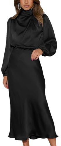 LIAOPUFUS Donna Abito Lungo in Satin Increspato Maniche Lunghe Vestiit Vita in Stile Sciolto Autunno Nuovo Elegante Vestito Cocktail da Donna e Ragazze (Nero,L)
