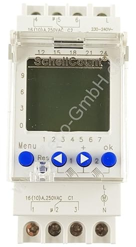 SchellCount Digitale 2 Kanal Zeitschaltuhr/Wochenzeitschaltuhr mit LC Display und 44 Programmplätzen für die Montage auf DIN Hutschiene