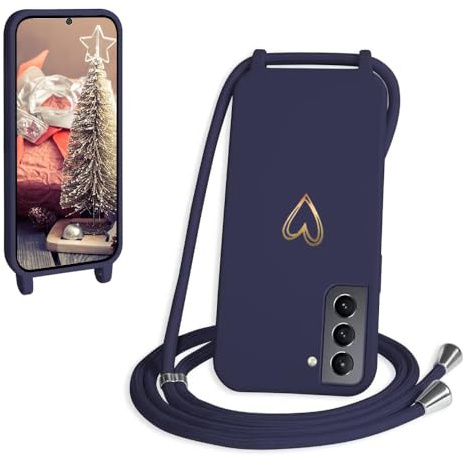 CaseLover Handyband für Samsung Galaxy S21 FE 5G Hülle mit Band, Navy Blau | Herz Muster, Silikon Necklace Handyhülle mit Abnehmbar Kordel zum Umhängen, Stossfest Bumper Handy Schutzhülle Case