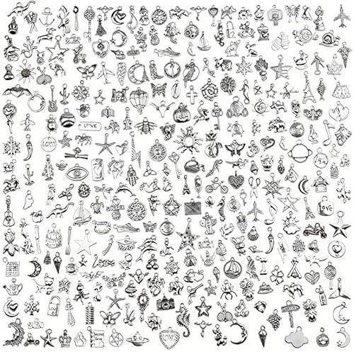 Aokbean 300pcs Bulk Silver Jewellery Making Craft Charms Set DIY Bracelet Necklace Small Jewlery Accessories Earring Beads Keyring Decoration Kit Mini Star Moon Metal Pendant Supply For Girl Adult