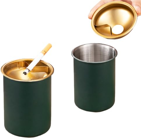 2 PCS Stainless Steel Ashtray Stylish Desktop Smoking Ash Tray Windproof Cigarette Ashtray with Funnel Lid for Indoor or Outdoor Use Home Office Garden Decoration (Green)