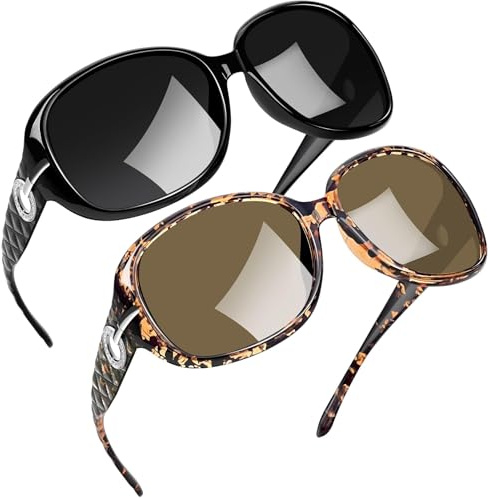 Joopin 2 Stücke Stylische Damen Sonnenbrille Groß Schwarz Polarisiert UV400 Übergroß Klassisch Vintage Braune Sonnenbrille Damen (Schwarz und Crystal Amber)
