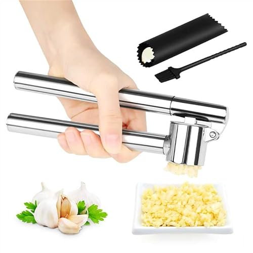 Knoblauchpresse, Knoblauchschneider Garlic Press, Ingwerpresse mit Knoblauch Schäler & Reinigungsbürsten, Knoblauchpresse Edelstahl Spümaschinenfest
