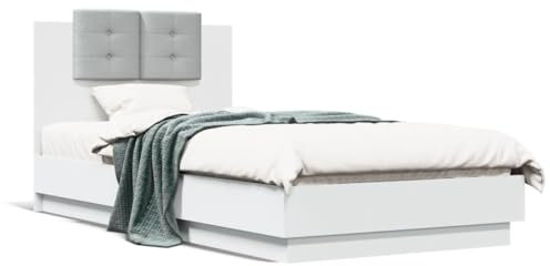 Bulliing Bettgestell mit Kopfteil und LED-Leuchten Bettrahmen Bettgestell Bed Frame Kopfteil Bett Betten Weiß 90x190 cm