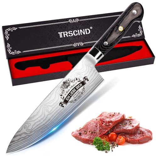 TRSCIND Küchenmesser Geschenk für Ihn, Jahrestag Geschenke für Ehemann | Kochmesser mit „Ich liebe dich“ Gravur, Geburtstagsgeschenk für Partner Männer, Profi Messer Scharf, Chefmesser aus Edelstahl
