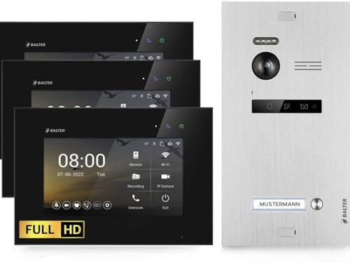 SCHUTZER Balter EVO HD Video Türklingel mit Kamera, 2 Draht Türsprechanlage 1 Familienhaus, 3x7 Zoll Monitore, Full HD, Nachtsicht, Video Gegensprechanlage mit Türöffner, Kamera für Haustür