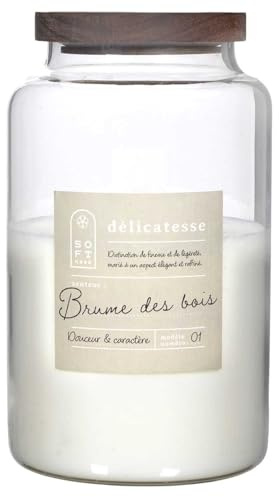 HOME DECO FACTORY - BO0082 Vela Perfumada en Tarro de Vidrio con Tapa de Acacia - Fragancia Bruma del Bosque - Larga Duración de Combustión - H24 cm - Color Marrón y Blanco