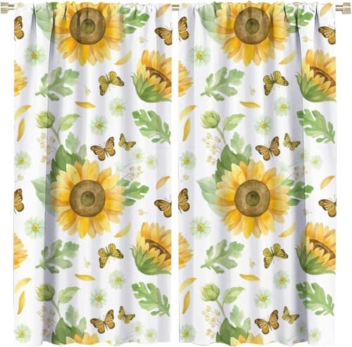 Vorhang Kinderzimmer Sonnenblumenblüten-Schmetterling Kinder Vorhänge Mit Ösen Polyester Gardinen Thermovorhang Blickdicht Ösenschal Kindergardinen 150X166 cm (B + H) Für Wohnzimmer,2Er Set-962051425