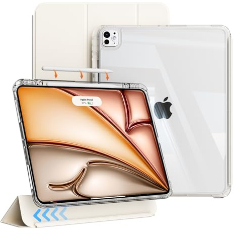 ZKTUYU Coque pour iPad Air 13 Pouces M4/M3/M2 (2026/2025/2024), iPad Pro 12,9 Pouces 6ème/5ème Génération (2022/2021) avec Porte-Pencil, Étui Coulissant Détachable 2-en-1 à Trois Volets, Blanc crémeux