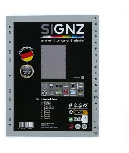 SIGNZ Register DIN A4, 20 - teilig (A-Z), 3 Stück, extra starke Trennblätter aus Kunststoff (PP), CO2-neutral hergestellt, made in Germany