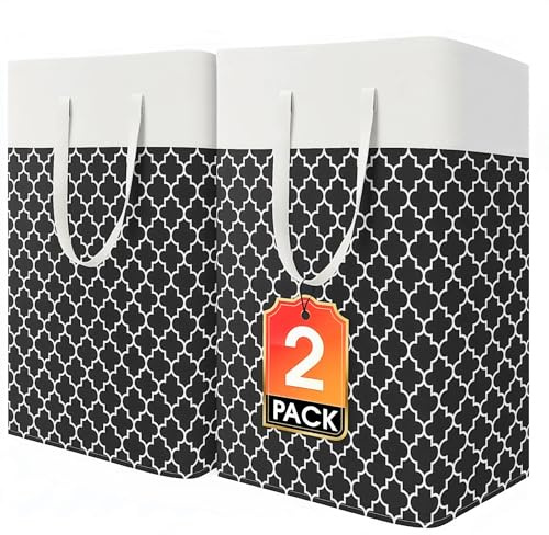 Nesrefyn 2 Pack Large Collapsible Laundry Baskets – Waterproof Laundry Hamper with Easy Carry Handles,Laundry Bags for Room, Bedroom, Bathroom, College Dorm, Storage and organization, (Black, 2 x 75L)