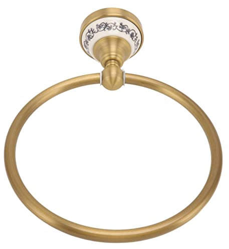 Vintage Blue and White Porcelain Decal Brass Finish Wall Mounted Towel Rack Ring