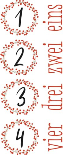 Rayher Transferfolie „Adventszahlen 1-4“, klassikrot, 2,8-3,3 cm, Übertragungsfolie, 1 Bogen Adventszahlen, zum Übertragen auf Kerzen und glatte Gegenstände, 31662287