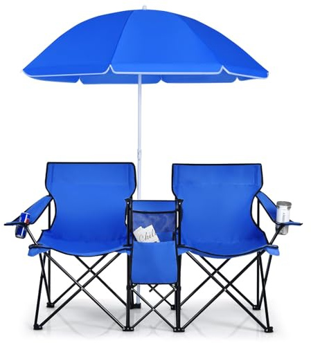 FANTASK klappbarer Angelstuhl mit einem abnehmbaren Schirm, 2-Sitzer Camping-Stühle, Campingstuhl mit Tragetasche, Faltstuhl, Tiefblau