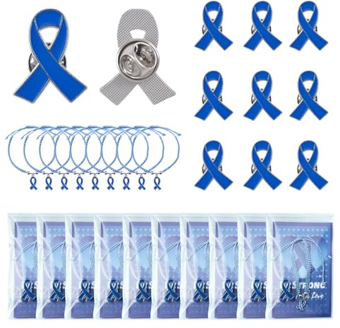 WANDIC Set med 10 blå bandmärken, koloncancer prostatacancer medvetenhet metallstift, justerbart dragband armband med berlock textkort, för offentliga evenemang