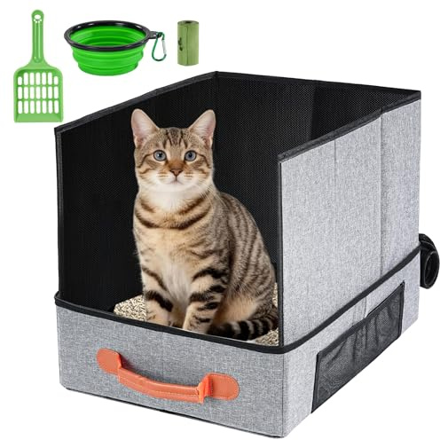 Uross Tragebare Katzentoilette mit Reißverschluss-Deckel + 1*Schaufel + 1 *Schale + 1* Kackbeutel, Leicht und Wasserdicht Katzenklo mit Schallwand für Reisen, Auto- 46 * 13 * 26CM