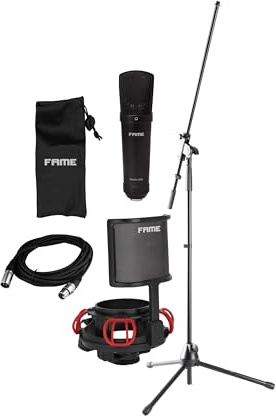 Fame Audio Großmembran Kondensatormikrofon-Set, Schwarz, Nierencharakteristik, 20Hz - 20kHz Frequenzbereich, 125dB max SPL, 48V Spannungsversorgung, Heimgebrauch