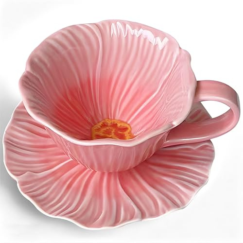 JUSONEY 10 oz Tea Cups and Saucers, Ceramic Flower-shaped Cappuccino Cup, Latte Cup and Saucer set, elegant floral Espresso Cup set, cups are microwave and dishwasher safe-Pink