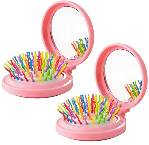 Xynovate 2 Cepillo Pelo Plegable con Espejo, Cepillo de Viaje con Espejo | Cepillo de Bolsillo, Perfecto para Llevar en tu Bolso y Aplicar Maquillaje, Apto para Todo Tipo de Cabello,Rosa Claro
