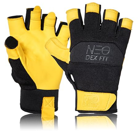 DEX FIT MG210P Fingerlose Arbeitshandschuhe, Wasserdichtes Leder, Offene Finger für Angeln, Mechaniker, Montage, Rutschfest & Waschbar; Gold/Black L 1 Paar
