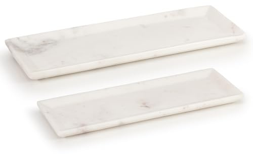 EHC Set of 2 Natural Marble, Bathroom Vanity Tray, Decorative, Candle, Countertop Sink Storage Organiser for Cosmetic, Perfume, Home Decor Tray, White