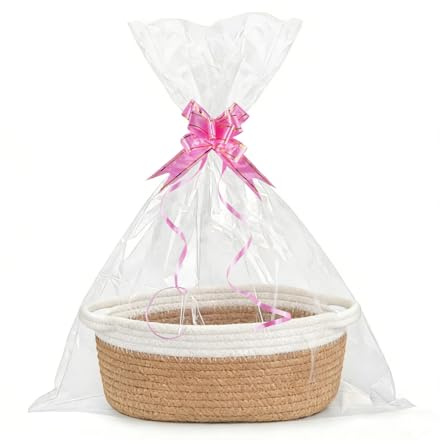 Geschenkkorb Leer, Geflochten Korb für Geschenke mit Geschenktüten und Bändern, Präsentkorb Leer, Geschenk Korb, Geschenkkorb Leer Geflochten, für Geburtstag, Hochzeit, Erntedank (Khaki und Weiß)