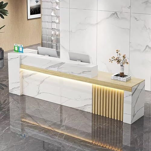 MEEYI Empfangstresen für Empfang Empfangstheke mit Schublade und offenen Regalen 140x60x100cm Kleinere Rezeptionstheken Fischbauchweiß-Ahornholz-Rechts