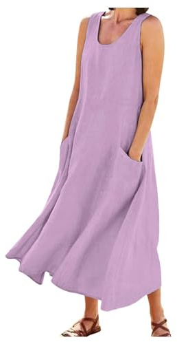 Robe Debardeur Femme Coton Lino Été Fluide Sans Manche Chic et Elegant Robes Col Rond Décontractée Grande Taille Robes avec Poches Couleur Unie Ample Boheme Plage Maxi Dress D'été Léger Robe Chemise