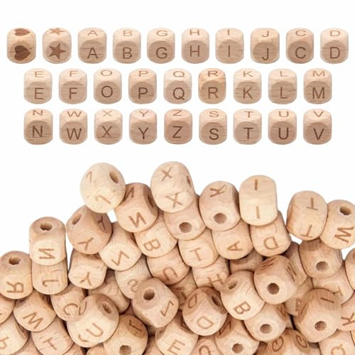 116 Stück Holzbuchstaben Perlen 12mm A-Z Buchstaben Buchstabenwürfel Holz | zum Auffädeln Herz-Sterne Holzperlen Holzperlen Set mit Buchstaben für Armbänder Halsketten DIY