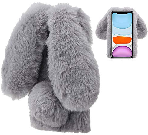 LCHDA für Plüsch Hülle iPhone 11 6.1 Flauschige Hasen Fell Hülle Handyhülle Mädchen Süße Kaninchen Pelz Niedlich Hasenohren Handytasche Schützend Stoßfest Silikonhülle with Glitzer-Grau
