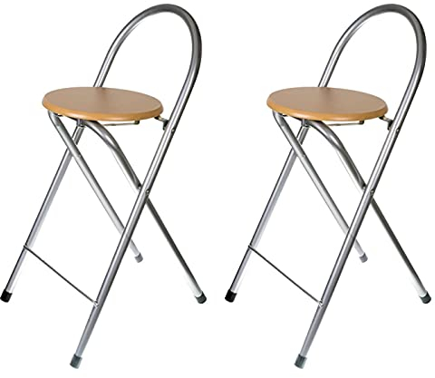 Confezione da 2 sgabelli pieghevoli con schienale 80 x 28,5 cm. Sedie panchine metalliche con seduta rotonda in legno e poggiapiedi, per interni ed esterni, cucina, soggiorno, terrazza, giardino,