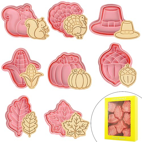 Herbst Ausstechformen Erntedankfest,8pcs DIY Plätzchenausstecher,Thanksgiving Cookies Cutter Ausstecher 3D,Erntedankfest Keksausstecher mit Ahornblatt Eichenblatt Eichhörnchen Eichel Igel Kürbis