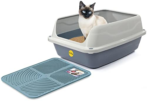 CAT CENTRE Big Grey Cat Litter Tray + Blue Mat, High Sided, XL | Open litter box, detachable rim, anti-spillage, extra deep, lowered entry, rounded corners, high-spraying adult cats